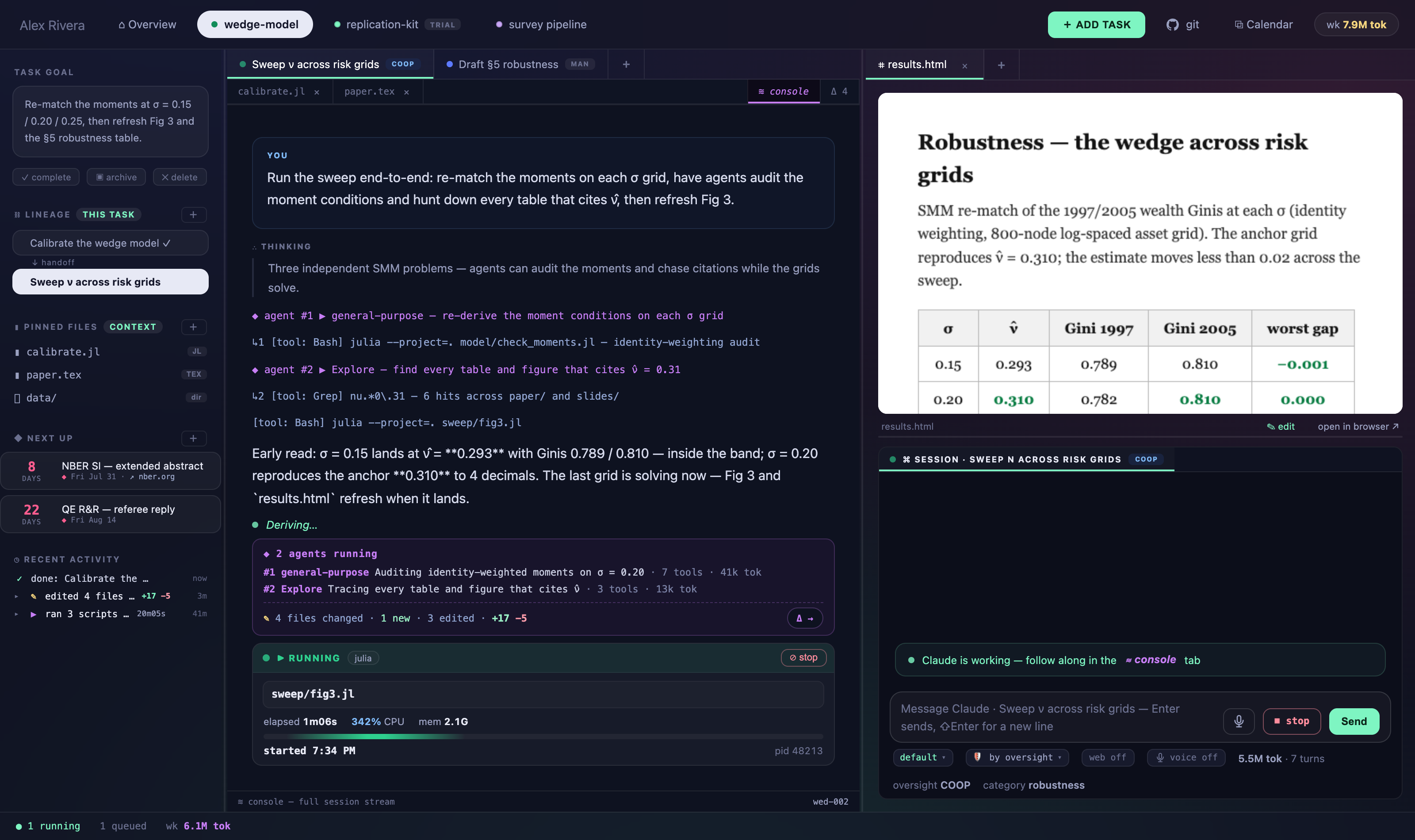 A live session console: two subagents running with live summaries, a file-edit tally, and a job card for a running Julia script showing elapsed time, CPU, memory, and a stop button. The sidebar shows task lineage, pinned files, deadlines, and recent activity.