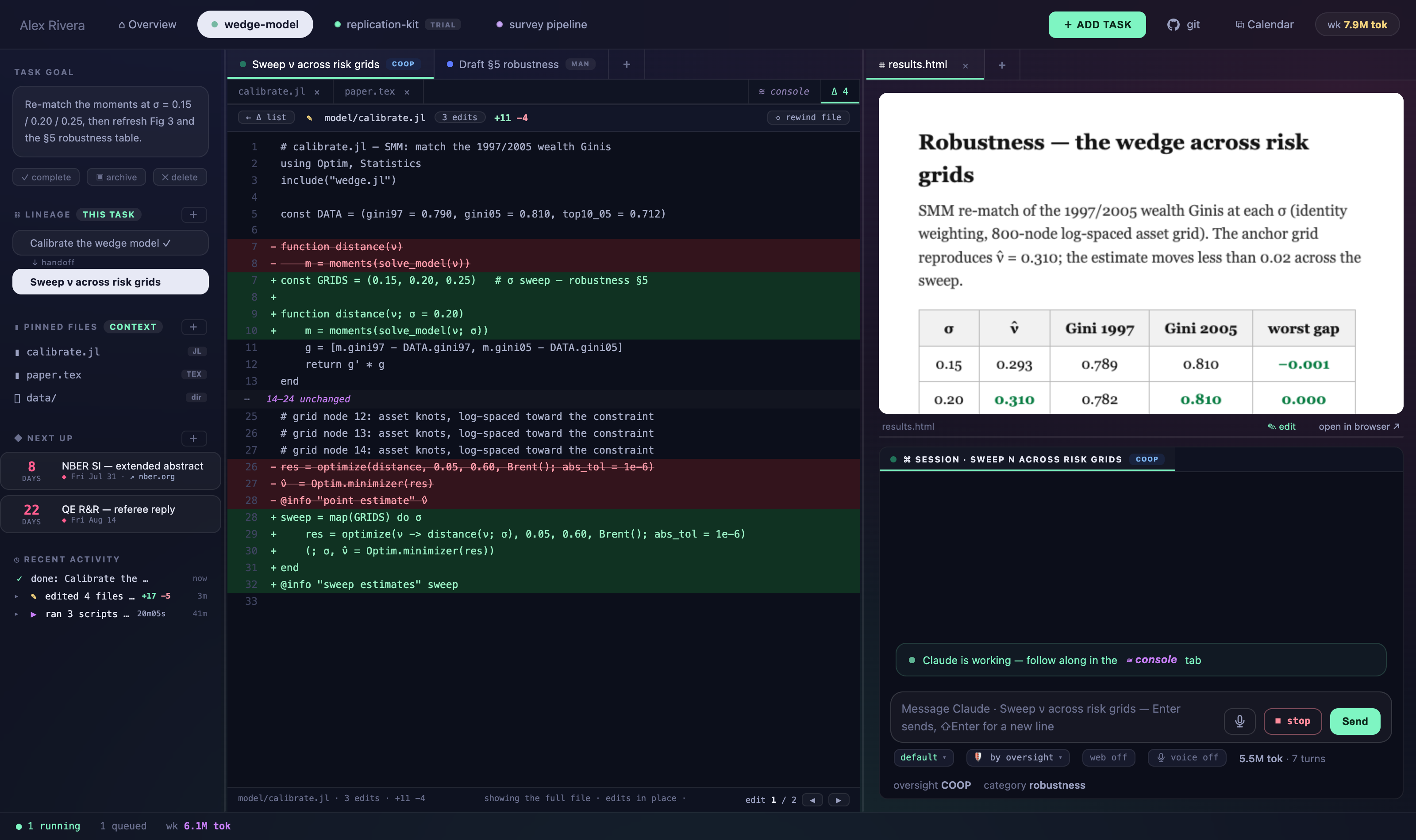 The change-history tab showing an inline unified diff of a Julia calibration script: removed lines struck through in red, added lines highlighted green, a folded run of unchanged lines, and a rewind-file button in the header.