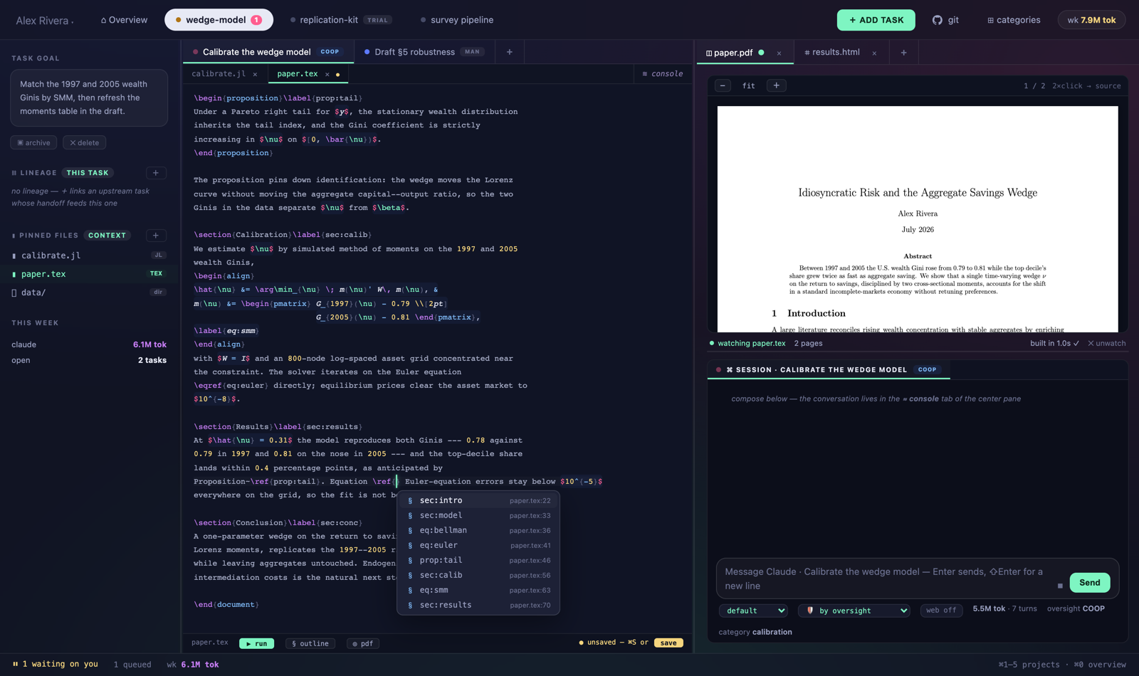 The LaTeX workbench: highlighted TeX source with a label-completion popup open, and the live-compiled PDF of the paper beside it.