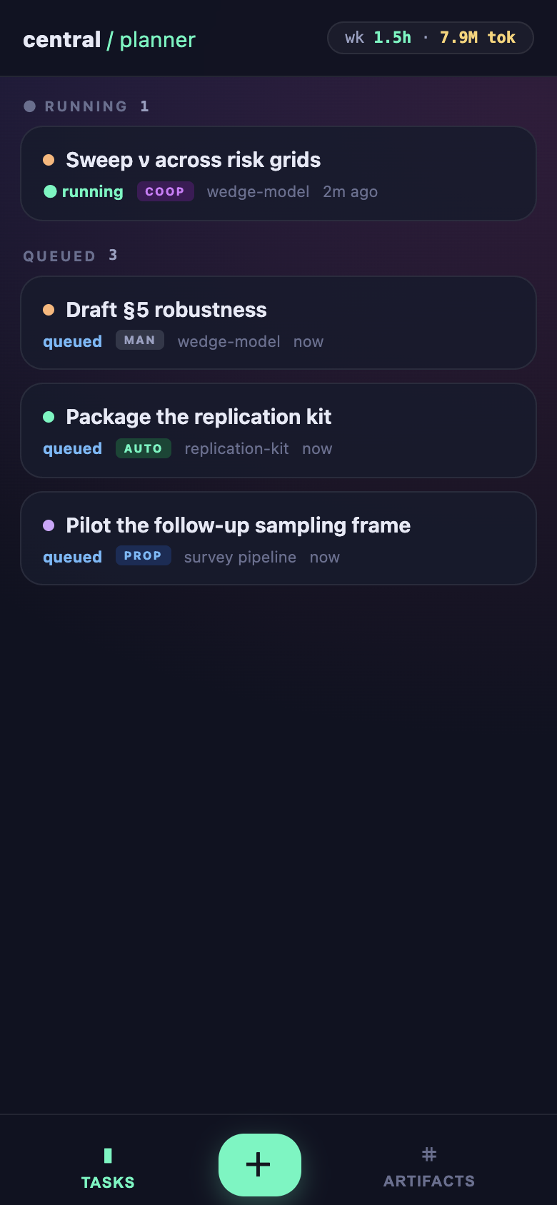 The phone view: a running task with a live status chip, three queued tasks across projects, and the week's hours and token count in the header.